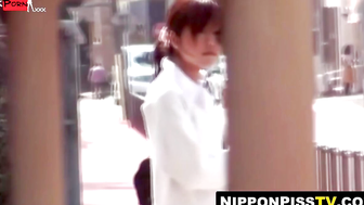 Sultry Asian in knee socks hunts quiet spot for urgent piss