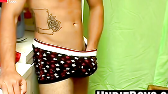 Shirtless barely legal Man with Rose Tattoo Changes Underwear in Laundry Room