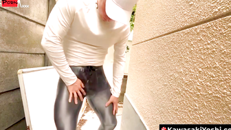 Yoshi Kawasaki tugs his crotch by barrier and unloads hot cum