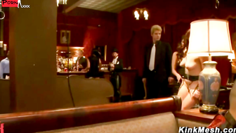 Two hot slaves Bella Rossi and Kristine Kahill service the lounge and get punishment