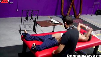 Kaden Roads slaps captive with flogger then plays with cock