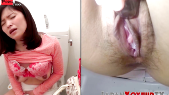 Closeup shot of horny Asian fingering to squirting finish in the toilet