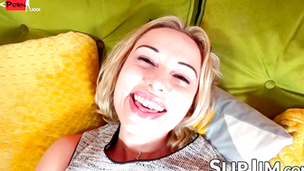 Blonde hottie Epiphany Jones worshipping my cock like with her mouth