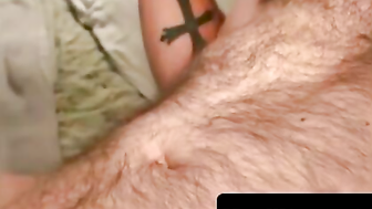 Tattooed older homo jerks his thick dick in bed