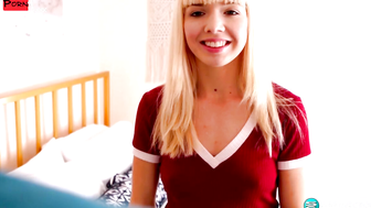 Young, tight and nerdy Sveera Fire is a cute, smart blonde with bangs and a hankering for a big porno cock and a sticky facial.