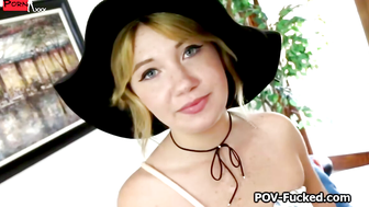Freckled blonde fucktoy milks for first time on camera