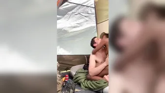 Black chick fucks white dude inside camping