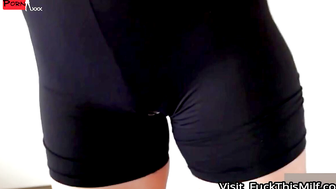 MILF in Black Shorts Gets Thigh-Deep Thong Fuck