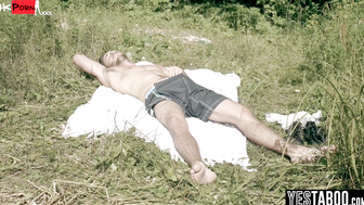 Busty Latina MILF ghost haunts and fucks two visitors in a forest