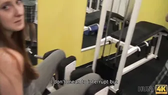 HUNT4K. Adorable women instead of training has sex inside gym