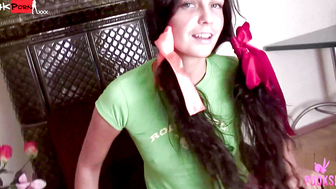 PonyTails Brunette Cofi Milan In College Outfit Finger Fucks Herself!
