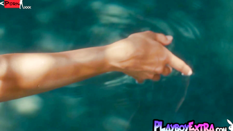 Skinny newcomer naked teen Genevieve Liberte cools herself down in the pool