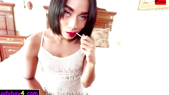 Bubble butt teen femboy takes a huge cock in her mouth and anal