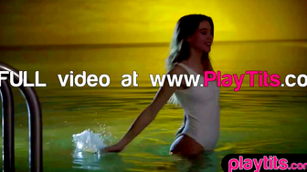 Perfectly-Pink Perky Boobs Blondie Dives into Pool - Sexy Swimsuit Solo