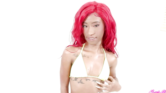 Petite Teenage Cutie Massages Oil Over her Small Body in a Hot Pink Swimsuit