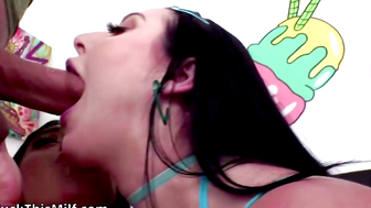 AngelaWhite AndViolettaMyers - Threesome Blowjob Adventure" or "Throat Gaggers #3 - Two Girls Share A Huge Load!