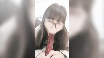 Skinny 18 year old blows a sex toy and cum rubbing it into her clitoris