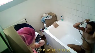 Unshaved eighteen masturbating with shower blowjob into front of friend