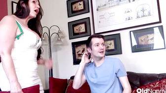 Busty Mature Nanny In Lingerie Seduces barely legal Man On Couch