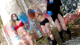 Three Nude Girls Spray Paint and Dance at Abandoned Wall