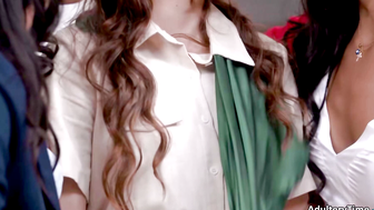 Brunette Leana Lovings Receives Double Blowjob from Two Trans Men