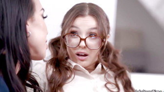 Brunette Leana Lovings Receives Double Blowjob from Two Trans Men