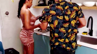 Tattooed Cowgirl Sucks Cock and Gets Fucked in Kitchen