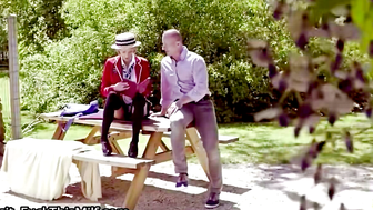 Blonde MILF in Picnic Hat Gets Fisted on Wooden Table Outdoors
