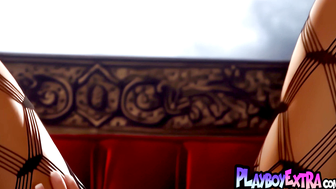Brunette Summer Lena Strips in Black Lingerie on Red Couch