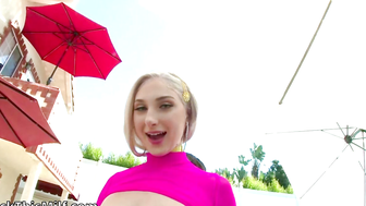 Blonde MILF in Pink Outfit Sucks Cock Poolside