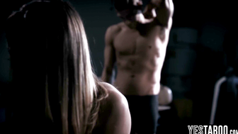 Petite Blonde Kristen Scott Double Penetrated by Two Muscular Guys in Gym