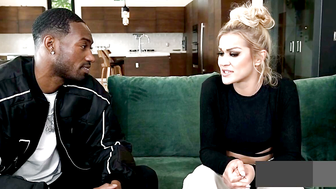 Angry Blonde Step Mom Sucks Black BBC Cock on Green Couch