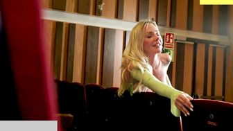 Blonde MILF and Brunette Swallow Cum in Movie Theater Seat