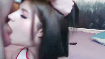 Teen Girl Deepthroats Cock on Bed with Red Lipstick