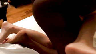 Korean Wife in Black Pantyhose Rides Young Guy on Bed
