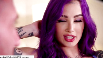 Tattooed MILF With Purple Hair Sucks Cock And Kicks Feet In Face