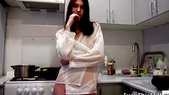 Brunette in Sheer Shirt Sucks Cock in Kitchen
