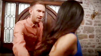 Brunette in Blue Dress Gets Fucked Hard Against Bathroom Sink