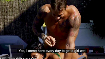 Tattooed Young Stud Gets Wet MILF Riding Poolside Lounger