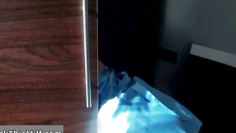 Redhead in Blue Satin Deepthroats Cock on Bed