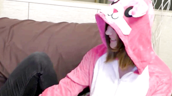 Blonde Teen in Pink Kigurumi Strips Naked for Big Cock Fuck with Friend