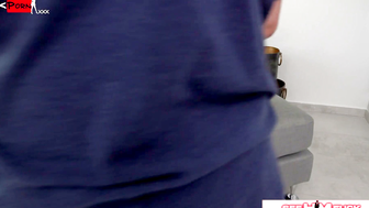 Sarah Cute Sucks Kristof Cale Thick Uncut Cock on Grey Couch