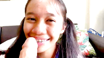 Asian Teen CreamBerryFairy Sucks Cock on Couch and Gets Cum Facial