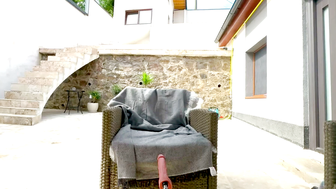 Blonde Solo Sucks Pink Dildo on Patio Chair