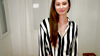 Brunette in Striped Shirt Deepthroats Large BBC into Sex Doll