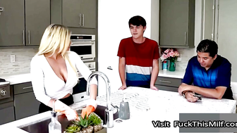 Busty Blonde MILF Megan Pryce Serves Two Young Guys in Kitchen and Bedroom