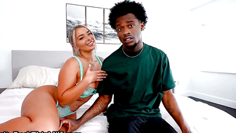 Busty Blonde Wife Sucks Black Cock and Swallows Cum on Bed