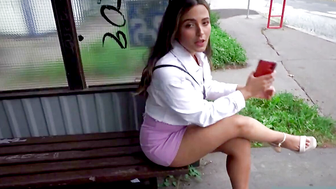Blonde MILF in Skirt Sucks Big Cock at Bus Stop Outdoors