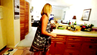 Blonde Auntie in Black Leggings Gets Handjob on Couch