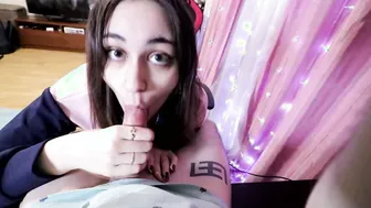 Gamer chick blows dick and getting cum on irresistible face